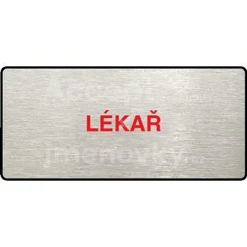 Informační tabulka Stříbrný piktogram "LÉKAŘ" s červeným textem a rámečkem -