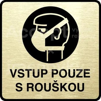 Informační tabulka Zlatý piktogram "vstup pouze s rouškou" s černým textem a rámečkem -