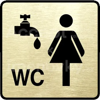 Informační tabulka Zlatý piktogram "umývárna, WC ženy" s černým textem a rámečkem -