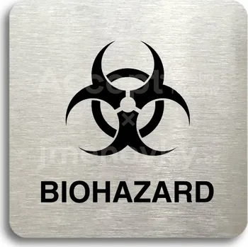 Informační tabulka Stříbrný piktogram "biohazard II" s černým textem bez rámečku - 80 x 80 mm