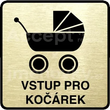Informační tabulka Zlatý piktogram "vstup pro kočárek" s černým textem a rámečkem -