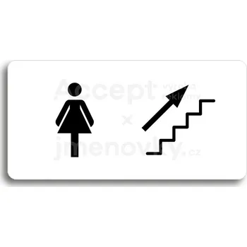 Informační tabulka Bílý piktogram "WC ŽENY VPRAVO NAHORU" s černým textem bez rámečku&nbsp;-