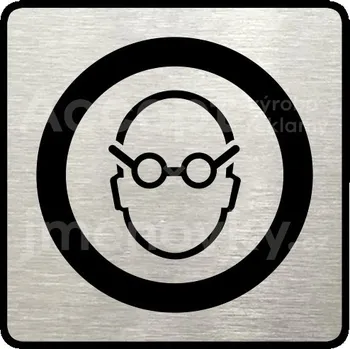 Informační tabulka Stříbrný piktogram "použij ochranu zraku" s černým&nbsp;textem a rámečkem&nbsp;-