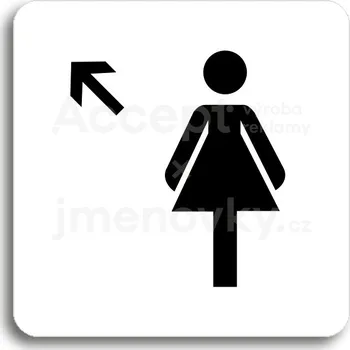 Informační tabulka Bílý piktogram "WC ženy vlevo nahoru" s černým textem bez rámečku -