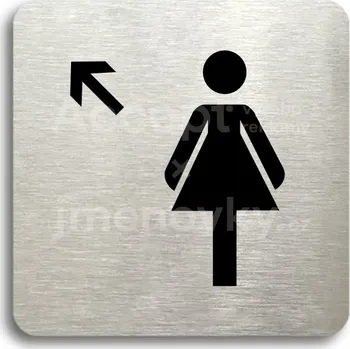 Informační tabulka Stříbrný piktogram "WC ženy vlevo nahoru" s černým textem bez rámečku -