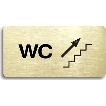 Informační tabulka Zlatý piktogram "WC VPRAVO NAHORU" s černým textem bez rámečku -