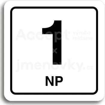 Informační tabulka Bílý piktogram "1 NP" s černým textem a rámečkem - 80 x 80 mm