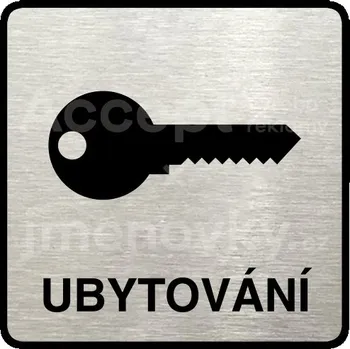 Značení Stříbrný piktogram "ubytování" s černým textem a rámečkem -