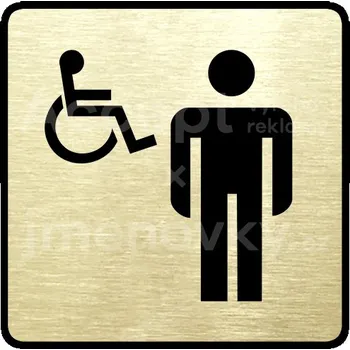 Informační tabulka Zlatý piktogram "WC muži, invalidé" s černým&nbsp;textem a rámečkem&nbsp;-