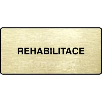 Informační tabulka Zlatý piktogram "REHABILITACE" s černým textem a rámečkem -