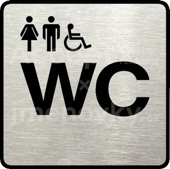 Informační tabulka Stříbrný piktogram "WC ženy, muži, invalidé" s černým textem a rámečkem - 80 x 80 mm