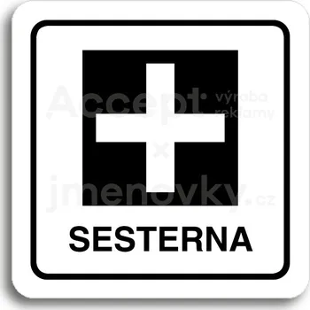Informační tabulka Bílý piktogram "sesterna" s černým textem a rámečkem -