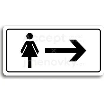 Značení Bílý piktogram "WC ŽENY VPRAVO" s černým textem a rámečkem&nbsp;-