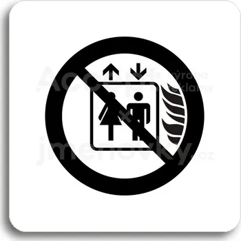 Informační tabulka Bílý piktogram "tento výtah neslouží k evakuaci osob" s černým textem bez rámečku -