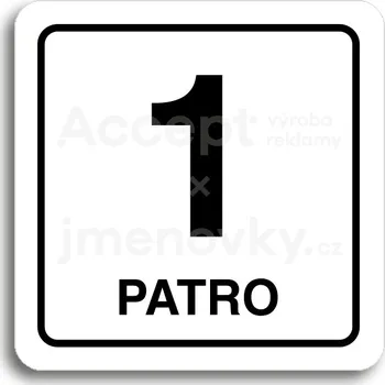 Informační tabulka Bílý piktogram "1 patro" s černým textem a rámečkem&nbsp;-
