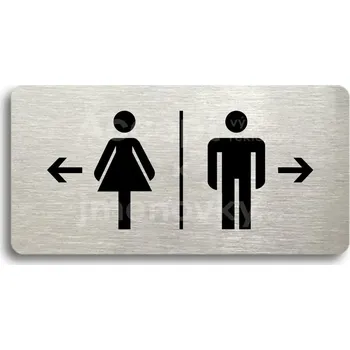 Informační tabulka Stříbrný piktogram "WC ŽENY VLEVO, WC MUŽI VPRAVO" s černým&nbsp;textem bez rámečku -