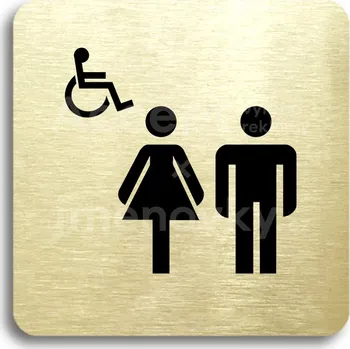 Informační tabulka Zlatý piktogram "WC ženy, muži, invalidé II" s černým textem bez rámečku -