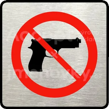 Značení Stříbrný piktogram "zákaz vstupu se zbraní" s červeným textem a rámečkem -