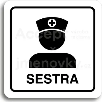 Informační tabulka Bílý piktogram "sestra" s černým textem a rámečkem&nbsp;-