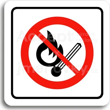 Informační tabulka Bílý piktogram "zákaz vstupu s otevřeným plamenem" s červeným textem a rámečkem -