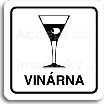 Informační tabulka Bílý piktogram "vinárna" s černým textem a rámečkem -