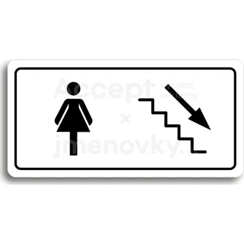 Informační tabulka Bílý piktogram "WC ŽENYI VPRAVO DOLŮ" s černým textem a rámečkem&nbsp;-
