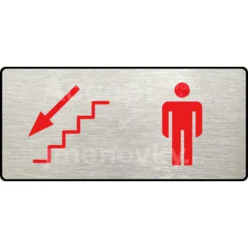 Informační tabulka Stříbrný&nbsp;piktogram "WC MUŽI VLEVO DOLŮ" s červeným textem a rámečkem&nbsp;-