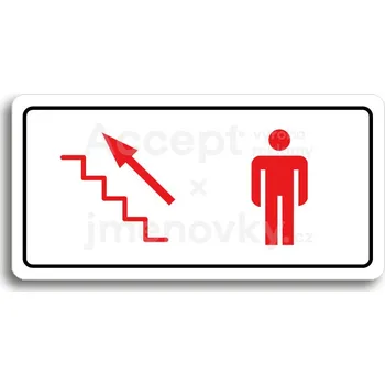 Informační tabulka Bílý piktogram "WC MUŽI VLEVO NAHORU" s červeným textem a rámečkem&nbsp;-