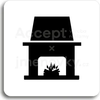 Informační tabulka Bílý piktogram "krb" s černým textem bez rámečku - 80 x 80 mm