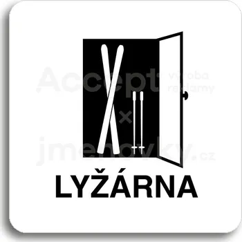Informační tabulka Bílý piktogram "lyžárna" s černým textem bez rámečku - 80 x 80 mm