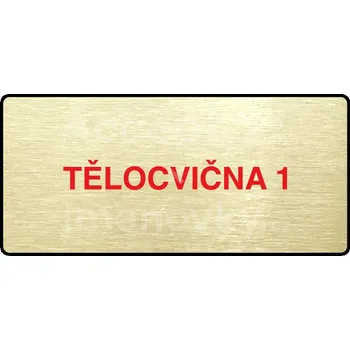 Informační tabulka Zlatý&nbsp;piktogram "TĚLOCVIČNA 1" s červeným textem a rámečkem&nbsp;-