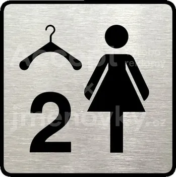 Informační tabulka Stříbrný piktogram "šatna ženy 2" s černým&nbsp;textem a rámečkem&nbsp;-