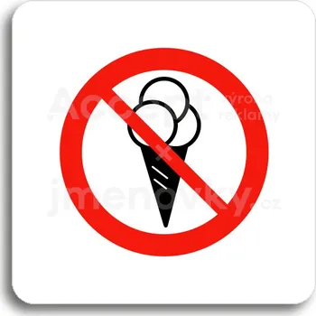 Informační tabulka Bílý piktogram "zákaz vstupu se zmrzlinou II" s červeným textem bez rámečku&nbsp;-