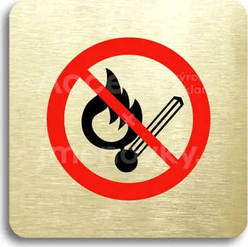 Informační tabulka Zlatý&nbsp;piktogram "zákaz vstupu s otevřeným plamenem" s červeným textem bez rámečku&nbsp;-