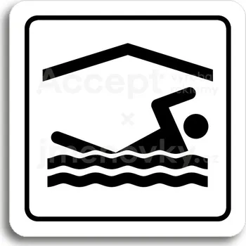 Značení Bílý piktogram "bazén krytý" s černým textem a rámečkem&nbsp;-