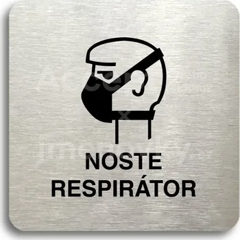 Informační tabulka Stříbrný piktogram "noste respirátor II" s černým&nbsp;textem bez rámečku -