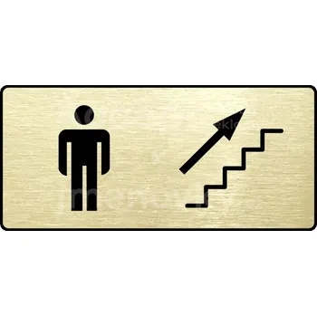 Informační tabulka Zlatý piktogram "WC MUŽI VPRAVO NAHORU" s černým&nbsp;textem a rámečkem&nbsp;-