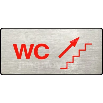 Informační tabulka Stříbrný&nbsp;piktogram "WC VPRAVO NAHORU" s červeným textem a rámečkem&nbsp;-
