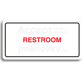 Informační tabulka Bílý piktogram "RESTROOM II" s červeným textem a rámečkem -