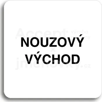 Informační tabulka Bílý piktogram "nouzový východ" s černým textem bez rámečku -