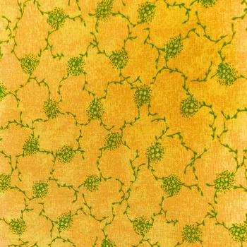 Rumitex Bavlněná látka, cena za 1 metr, šíře 150 cm, ZELENÉ VĚTVIČKY NA ŽLUTÉM