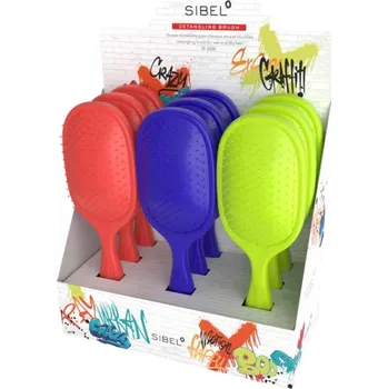 DISPLAY: Sibel Wet Brush Graffiti P005631 - set kartáčů na rozčesávání suchých i vlhkých vlasů, 9ks (3x oranžová, 3x modrá, 3x limetková)