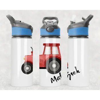 Sklenice Domovi Láhev s vlastním jménem Traktor červený s pítkem šedo modré barvy 650ml