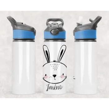 Sklenice Domovi Láhev s vlastním jménem Králíček s pítkem šedo modré barvy 650ml