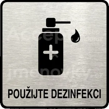 Informační tabulka Stříbrný piktogram "použijte dezinfekci V" s černým textem a rámečkem - 80 x 80 mm