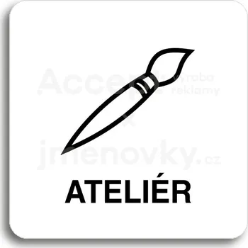 Informační tabulka Bílý piktogram "ateliér" s černým textem bez rámečku - 80 x 80 mm