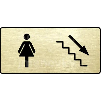 Informační tabulka Zlatý piktogram "WC ŽENYI VPRAVO DOLŮ" s černým&nbsp;textem a rámečkem&nbsp;-