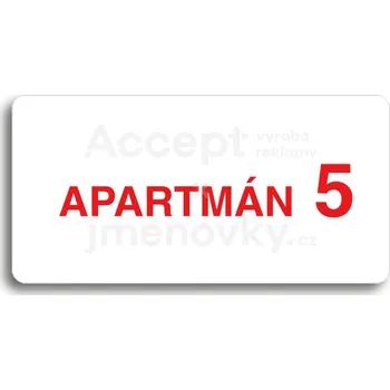 Informační tabulka Bílý piktogram "APARTMÁN 5 II" s červeným textem bez rámečku -