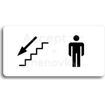 Značení Bílý piktogram "WC MUŽI VLEVO DOLŮ" s černým textem bez rámečku&nbsp;-