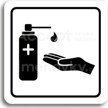 Informační tabulka Bílý piktogram "dezinfekce VII" s černým textem a rámečkem - 80 x 80 mm